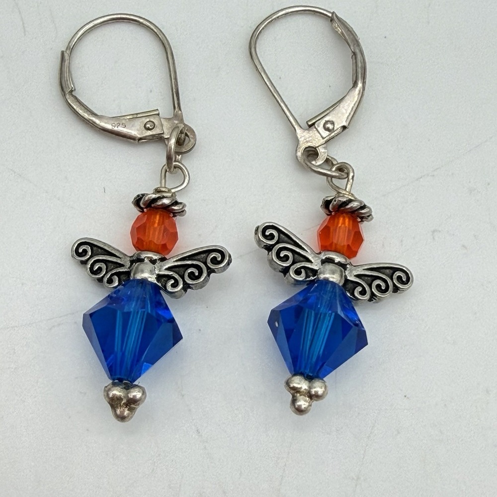 Vtg Sterling Silver Angel Earrings Blue Orange Crystal Dainty Signed